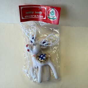 Vintage Blow Mold Velvet Flocked Christmas White & Blue Reindeer Ornament Decor.